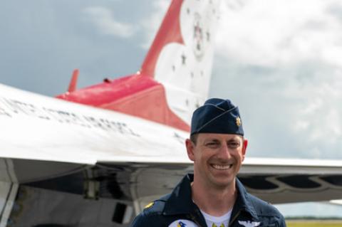 Major Zane Taylor of the U.S. Air Force Thunderbirds talks with reporters after the team arrived in Sanford Monday afternoon to get ready for this weekend’s Orlando Air & Space Show.