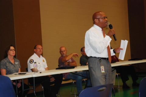 City Manager Norton Bonaparte Jr. introduces City of Sanford department heads at the monthly Community Meeting Thursday night.