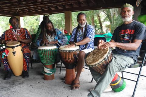Members of the TamTam Alafia Drummers play at the fifth annual Juneteenth Festival 2021 in Historic Midway.