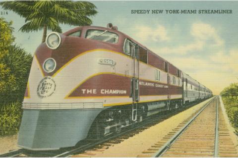 Postcard depiction of Atlantic Coast Line Railroad's train "The Champion", which also traveled between New York City and St. Petersburg.