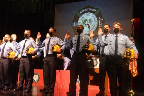 Recently, 23 new recruits graduated from the Seminole County Fire Department orientation and training program. Here the newest firefighters take a graduation oath.