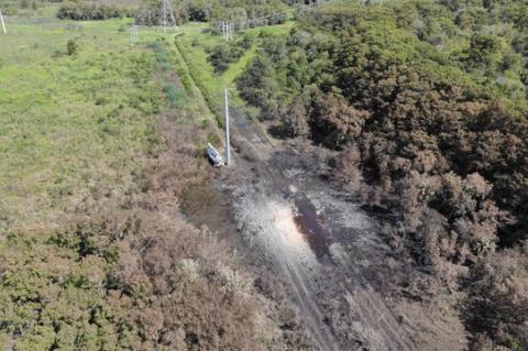 An aerial photo shows the burnt area after the flames were extinguished from the fire caused by a gas leak. 
