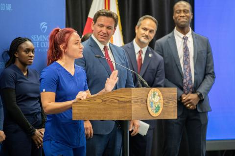 Recent Seminole State nursing graduate Raeanne Champion joined Gov. DeSantis on stage at Seminole State's Sanford/Lake Mary Campus on Monday, May 16, and spoke about the need to fund nursing education.