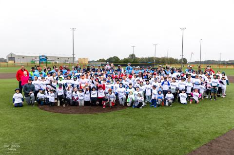 Major League Baseball players, Seminole County officials and the more than 300 boys and girls during the Grow the Game baseball and softball camp at the Boombah Sports Complex on Jan. 22.