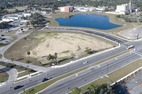 This aerial shot of the Five Points area shows the new stormwater pond and road from phase one of the construction project that will eventually bring Seminole County services to the one area location. 