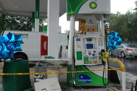 The gas pump was shut down Tuesday due to damage from the crash.