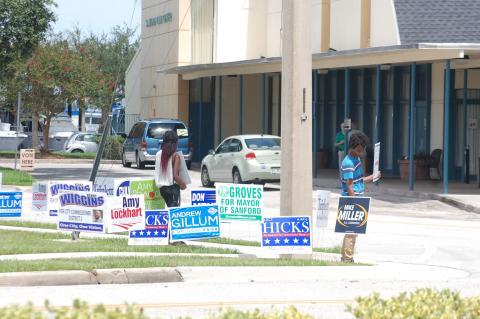 Election signs line the front of the Sanford Civic Center during a recent election. The Presidential Primary will take place March 17.